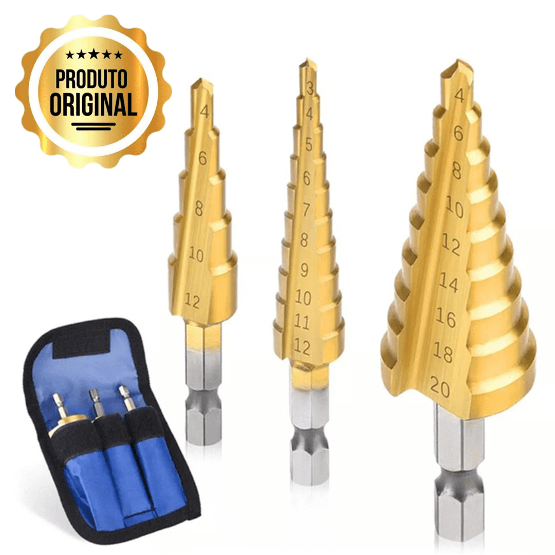 Broca Titânio | Kit Completo (Queima De Estoque 🔥) Broca Titânio | Kit Completo Casa Feita Jogo Completo c/ 3 peças + Estojo
